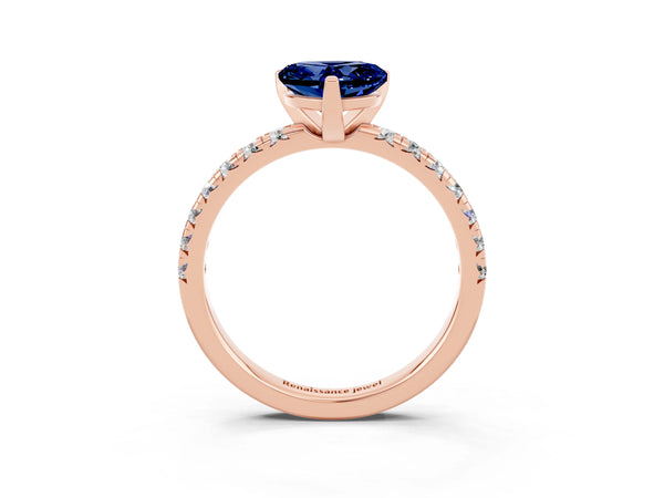 Rose gold Heart Cut Blue Sapphire Solitaire Pavé Engagement Ring with Round Band and Prong Setting