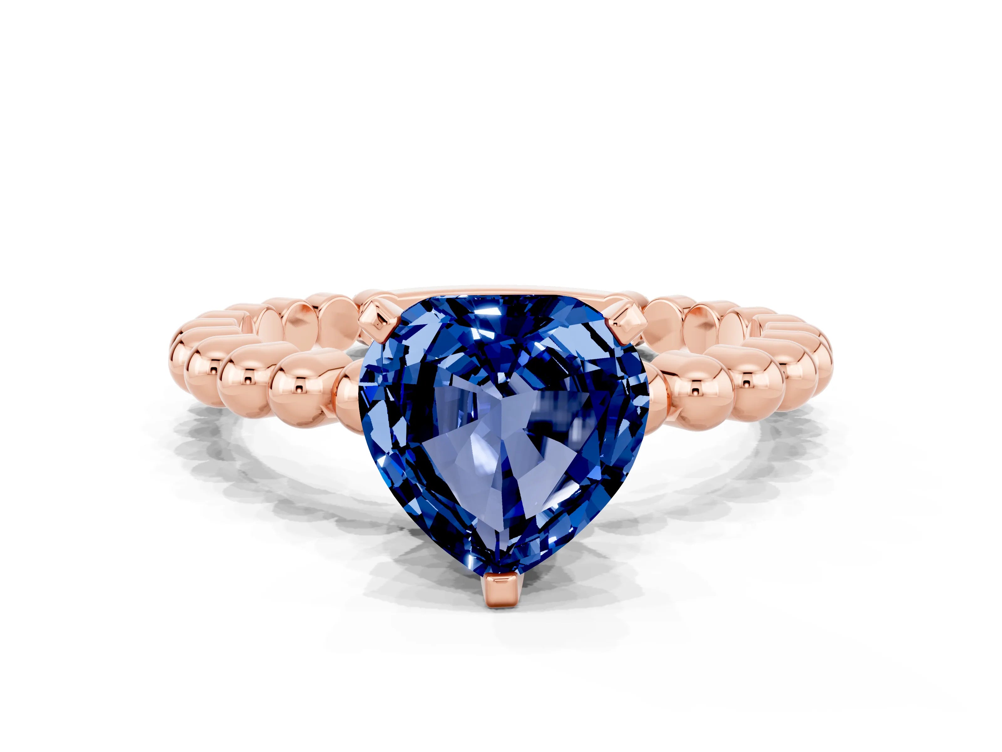 Rose gold Heart Cut Blue Sapphire Solitaire Ring with Beaded Band and Prong Setting