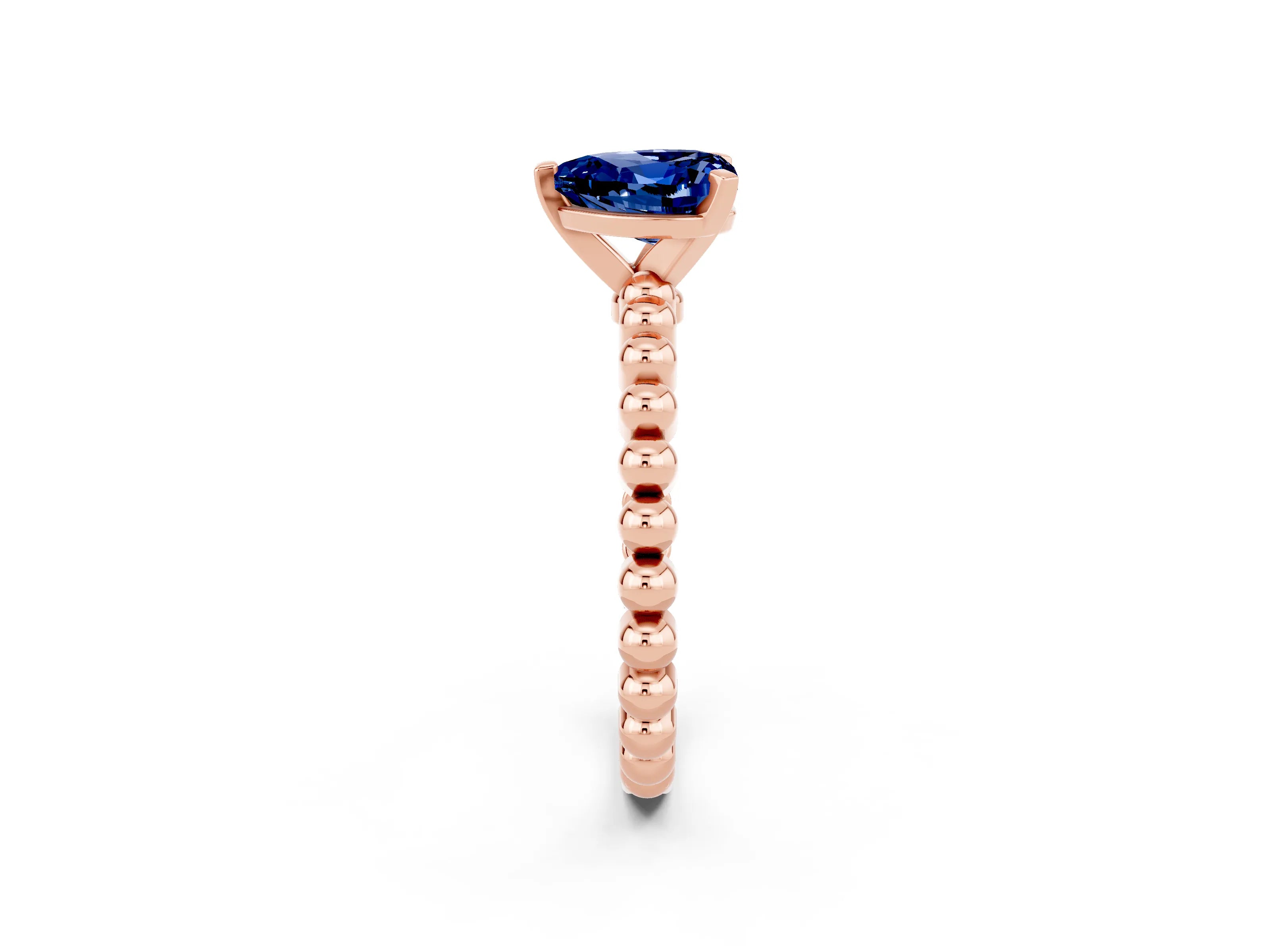 Rose gold Heart Cut Blue Sapphire Solitaire Ring with Beaded Band and Prong Setting_2