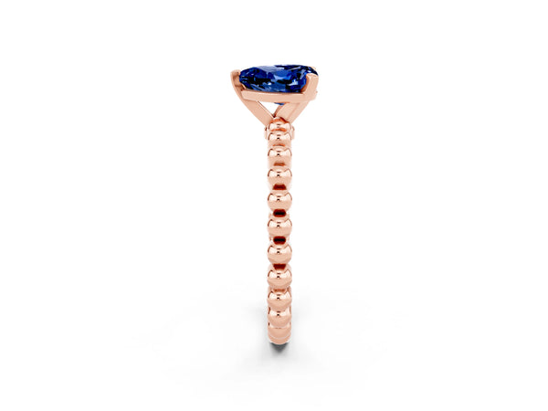 Rose gold Heart Cut Blue Sapphire Solitaire Ring with Beaded Band and Prong Setting