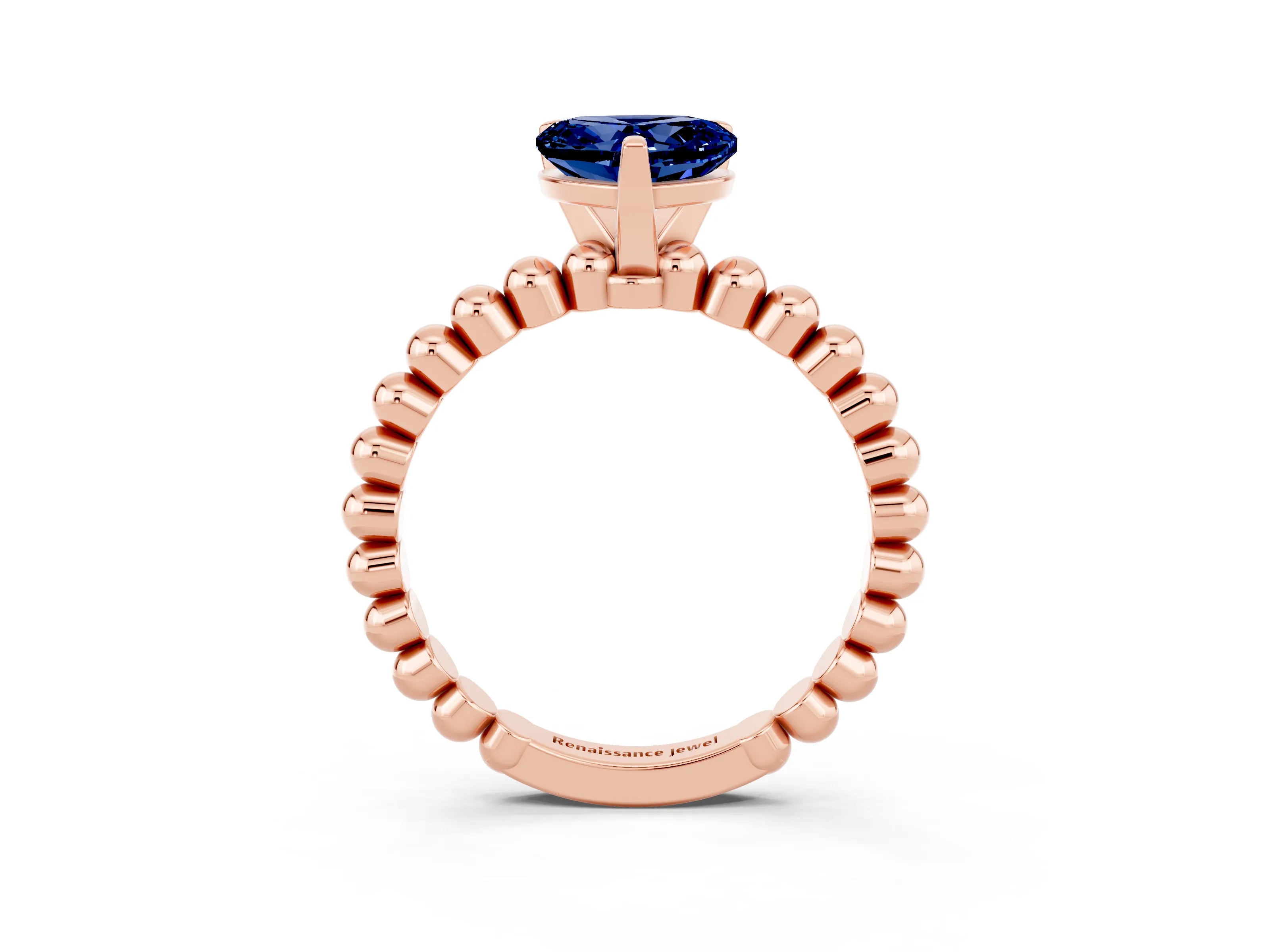 Rose gold Heart Cut Blue Sapphire Solitaire Ring with Beaded Band and Prong Setting_3