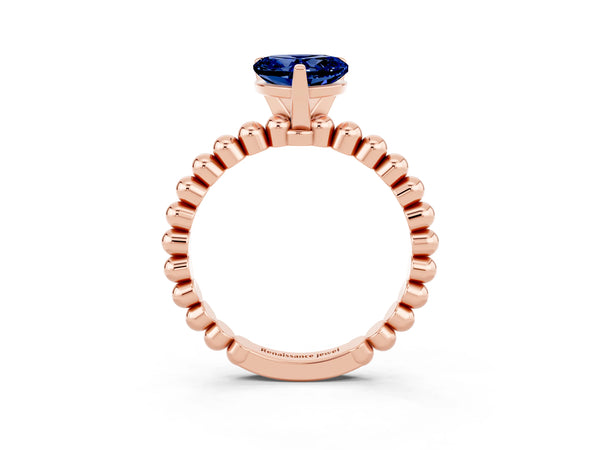 Rose gold Heart Cut Blue Sapphire Solitaire Ring with Beaded Band and Prong Setting