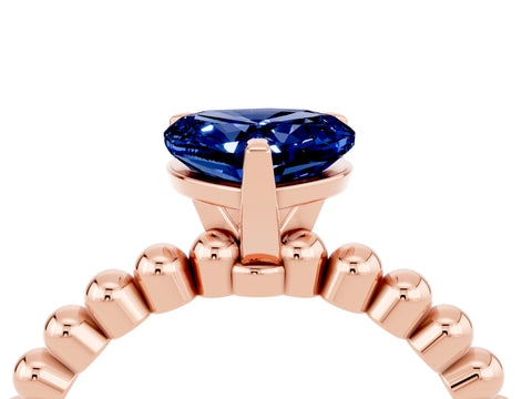 Rose gold Heart Cut Blue Sapphire Solitaire Ring with Beaded Band and Prong Setting_4