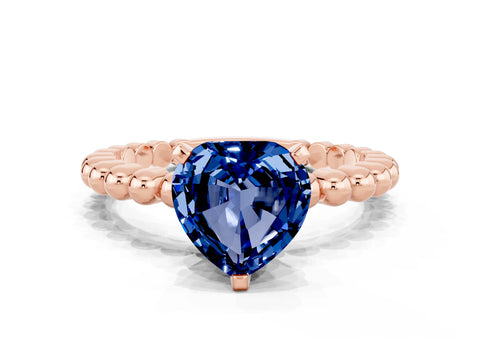 Rose gold Heart Cut Blue Sapphire Solitaire Ring with Beaded Band and Prong Setting