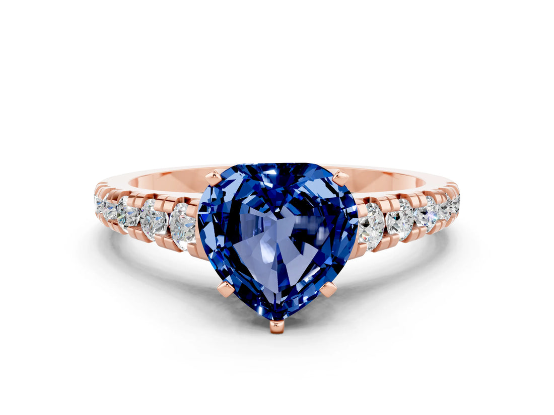 Rose gold Heart Cut Blue Sapphire Solitaire Ring with Cathedral Setting and Pavé Band