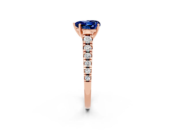 Rose gold Heart Cut Blue Sapphire Cathedral Solitaire Ring with Round  Pavé Band