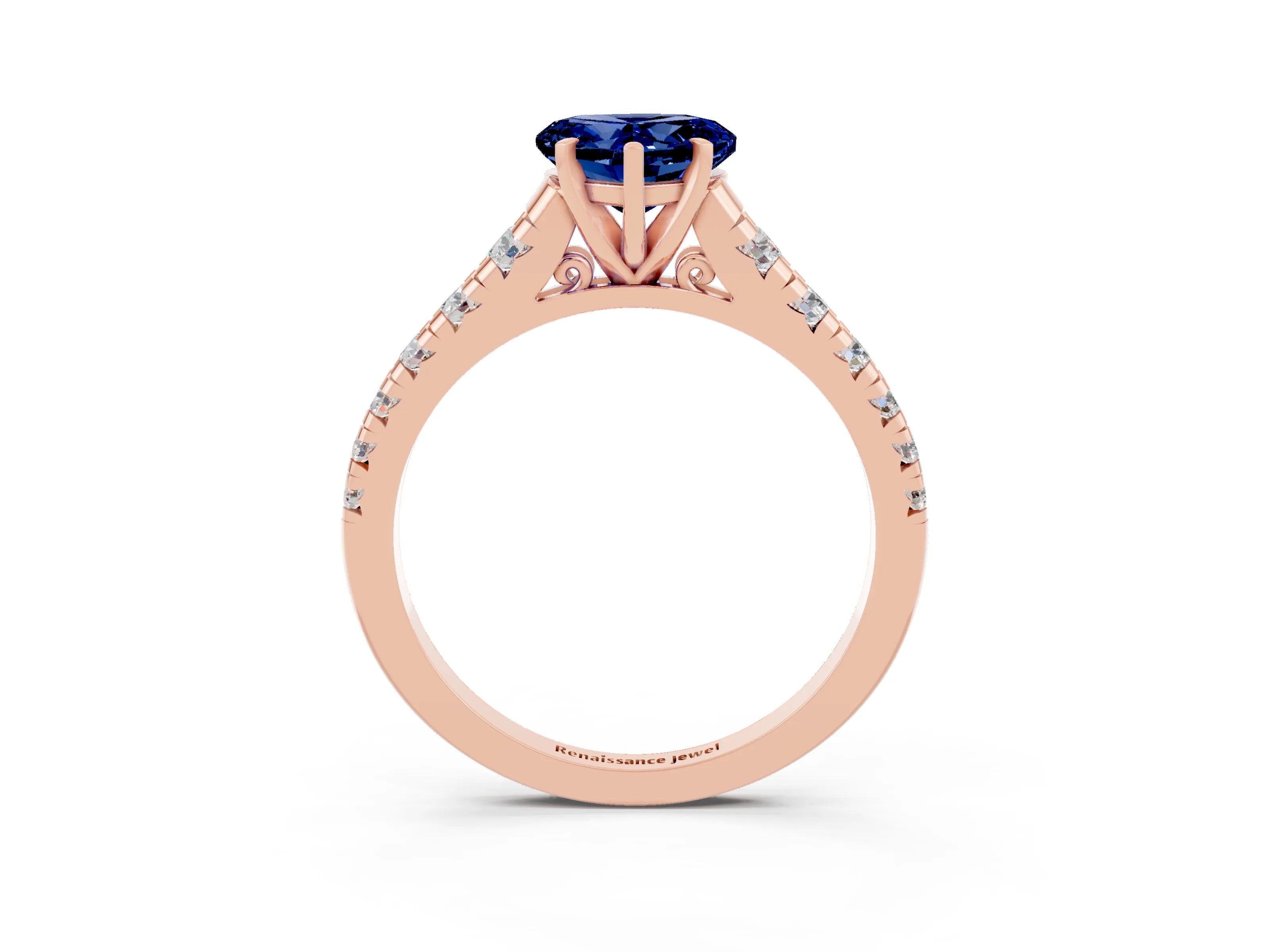 Rose gold Heart Cut Blue Sapphire Solitaire Ring with Cathedral Setting and Pavé Band_3