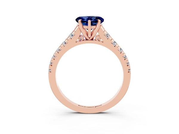 Rose gold Heart Cut Blue Sapphire Cathedral Solitaire Ring with Round  Pavé Band