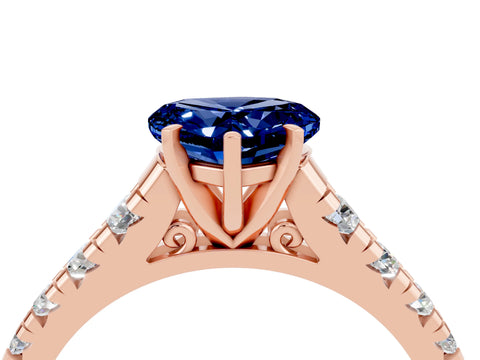 Rose gold Heart Cut Blue Sapphire Solitaire Ring with Cathedral Setting and Pavé Band_4