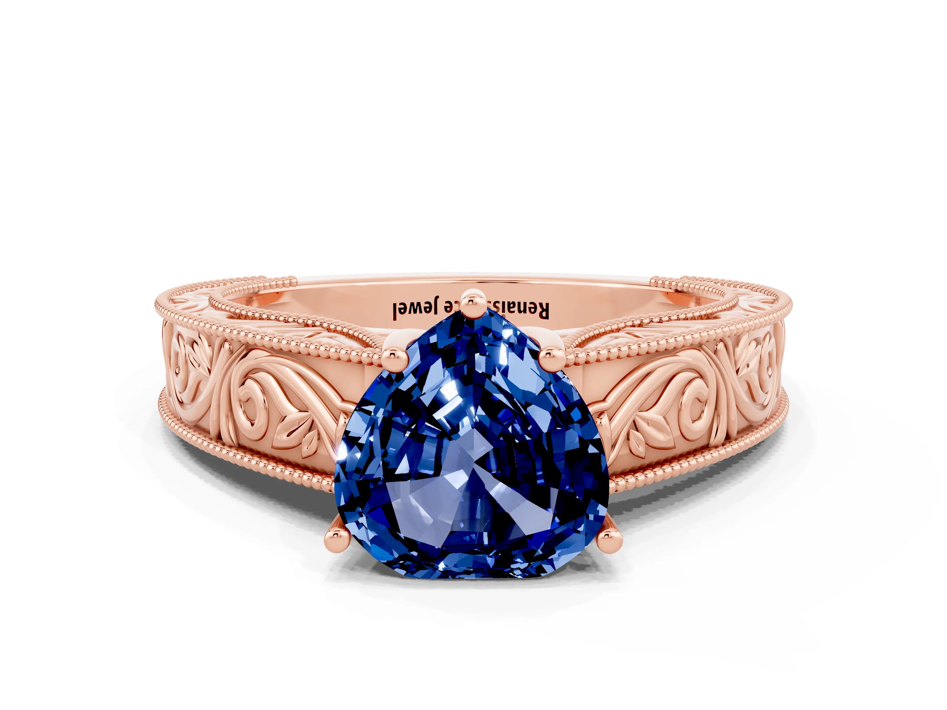 Rose gold Heart Cut Blue Sapphire Solitaire Ring with Engraved Band and Four-Prong Setting