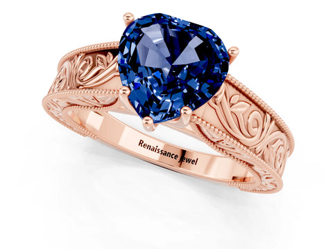 Rose gold Heart Cut Blue Sapphire Solitaire Ring with Engraved Band and Four-Prong Setting_1