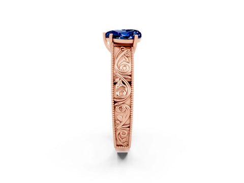 Rose gold Heart Cut Blue Sapphire Solitaire Ring with Engraved Band and Four-Prong Setting_2