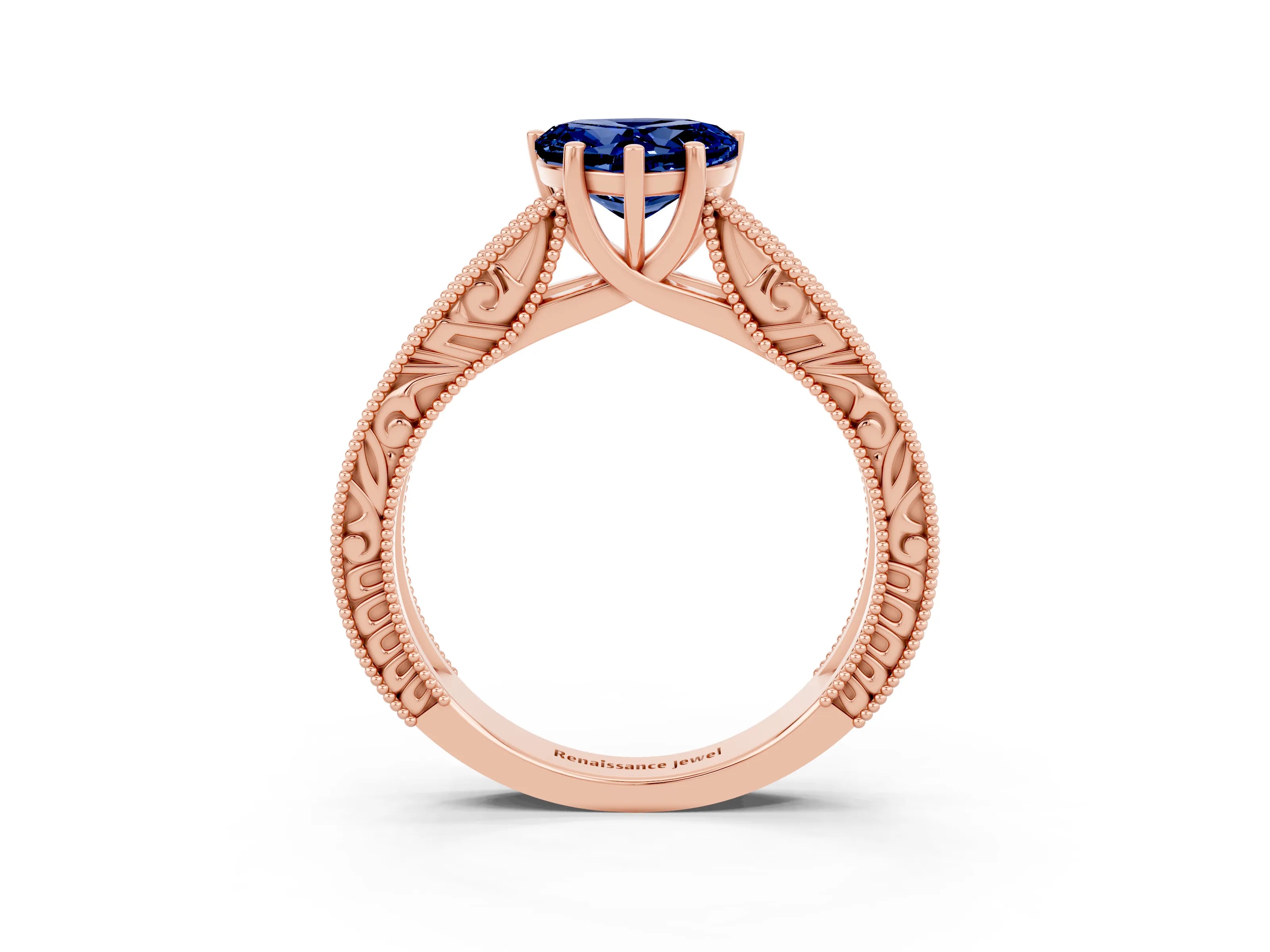 Rose gold Heart Cut Blue Sapphire Solitaire Ring with Engraved Band and Four-Prong Setting_3