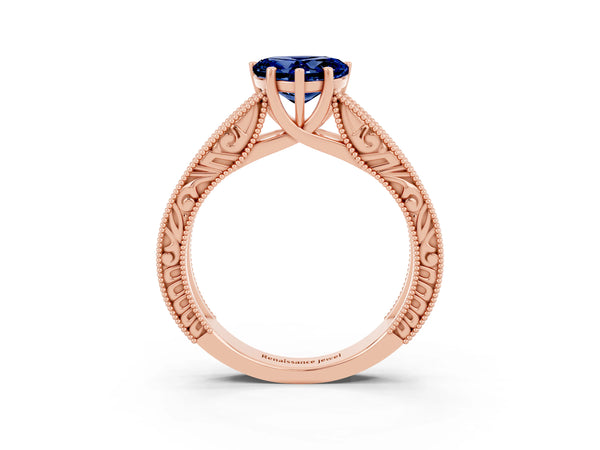 Rose gold Heart Cut Blue Sapphire Solitaire Ring with Engraved Band and Four-Prong Setting