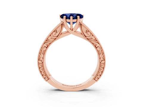 Rose gold Heart Cut Blue Sapphire Solitaire Ring with Engraved Band and Four-Prong Setting_3