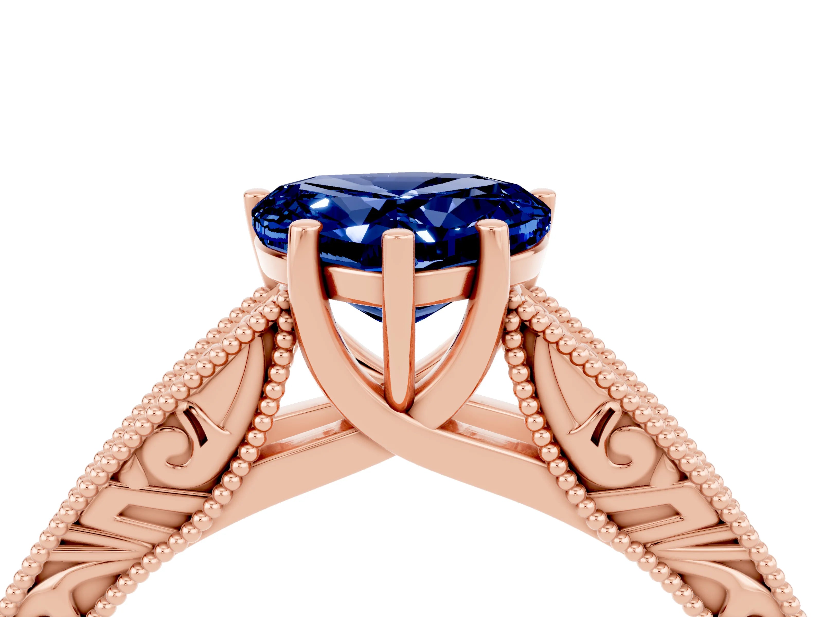 Rose gold Heart Cut Blue Sapphire Solitaire Ring with Engraved Band and Four-Prong Setting_4