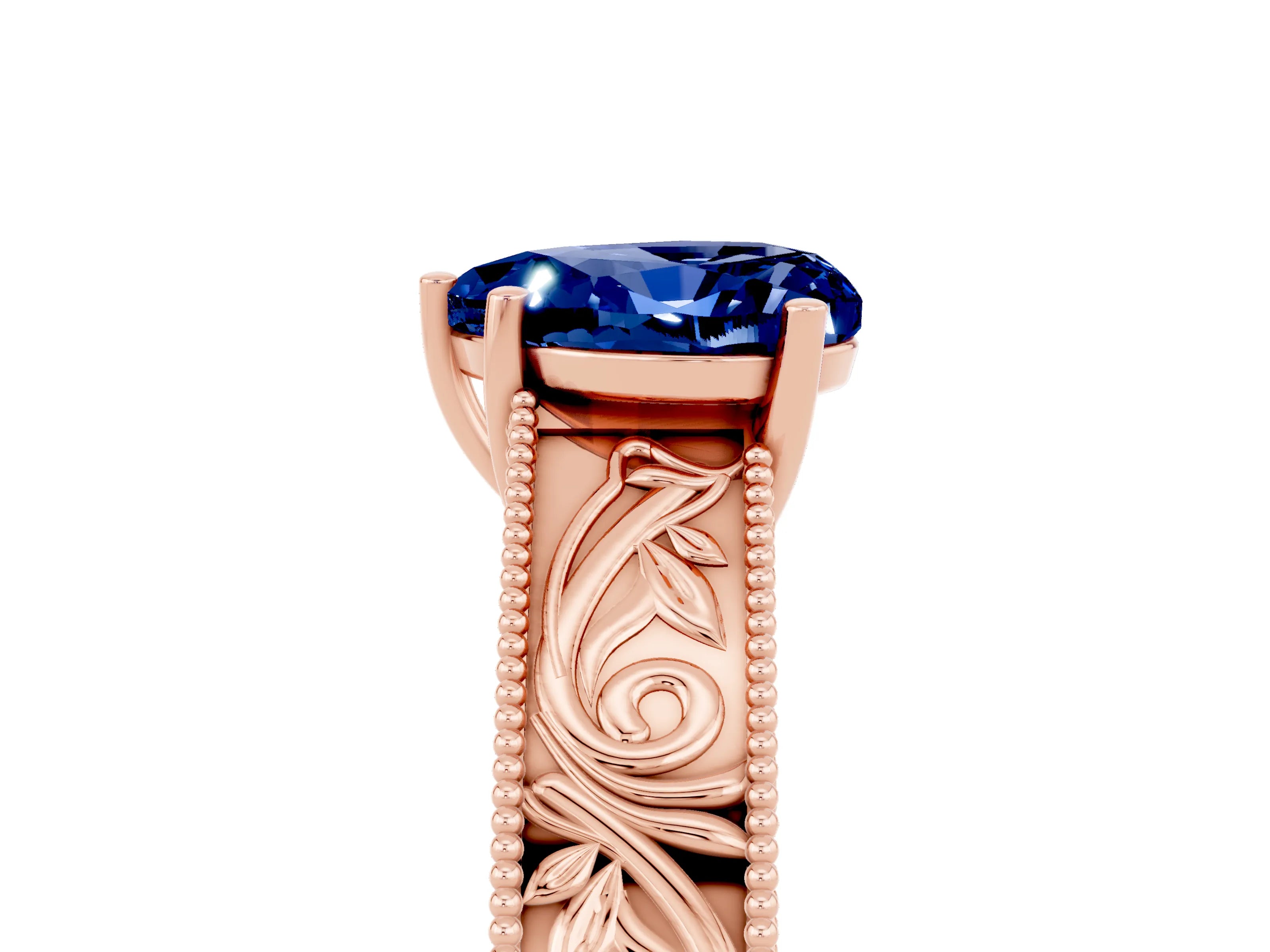 Rose gold Heart Cut Blue Sapphire Solitaire Ring with Engraved Band and Four-Prong Setting_5