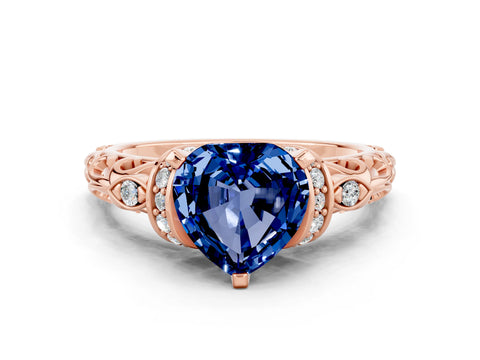 Rose gold Heart Cut Blue Sapphire Solitaire Ring with Filigree Band and Four-Prong Setting_24