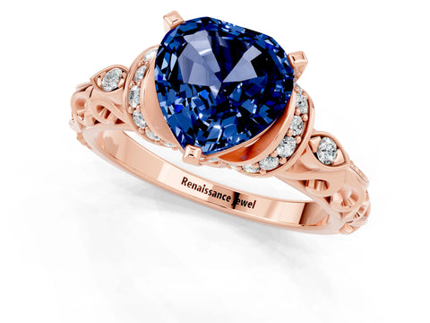 Rose gold Heart Cut Blue Sapphire Solitaire Ring with Filigree Band and Four-Prong Setting_25