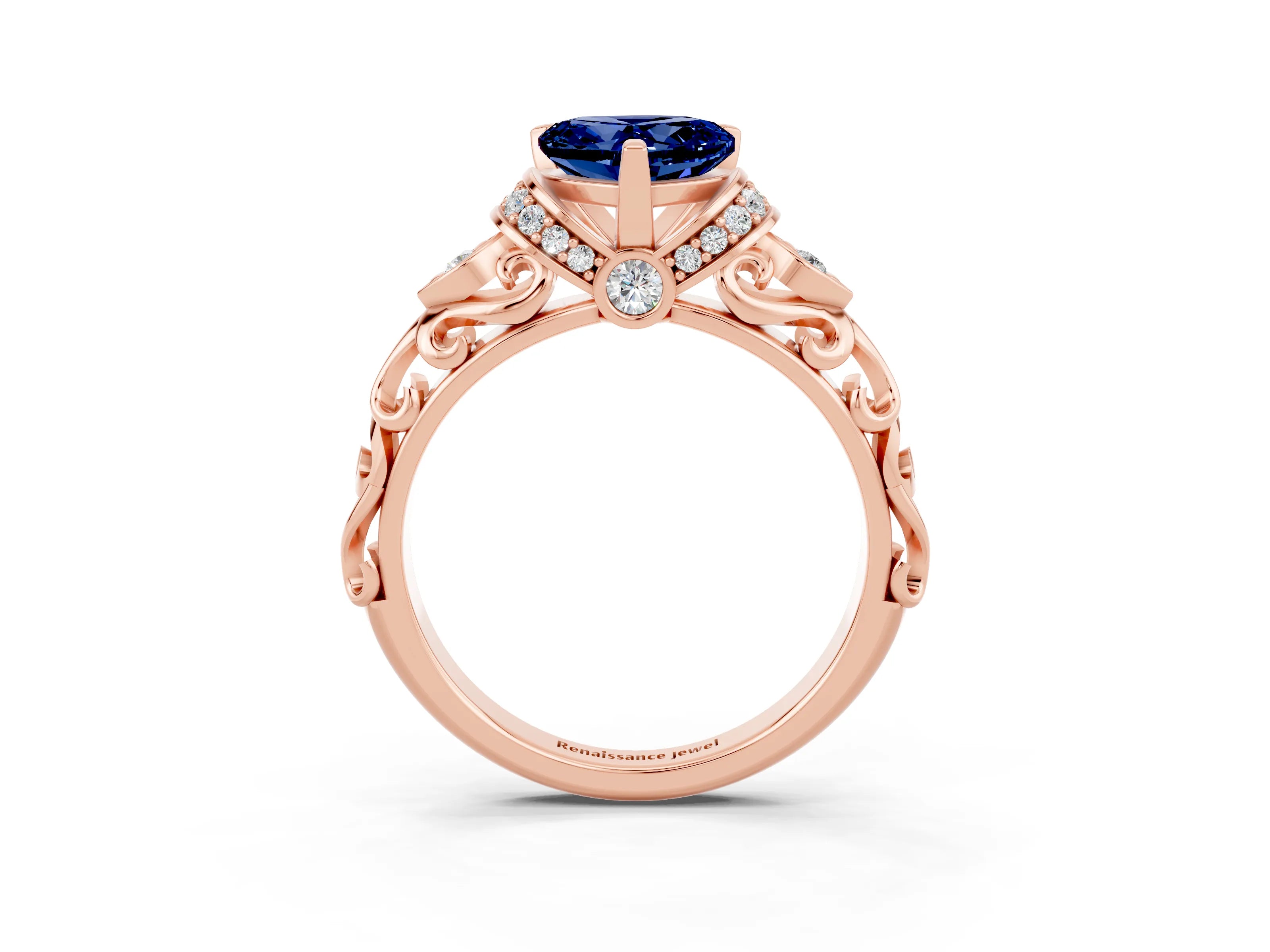 Rose gold Heart Cut Blue Sapphire Solitaire Ring with Filigree Band and Four-Prong Setting_27