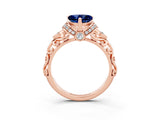 Rose gold Heart Cut Blue Sapphire Solitaire Ring with Filigree Band and Four-Prong Setting_27