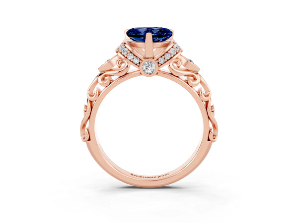 Rose gold Heart Cut Blue Sapphire Solitaire Ring with Filigree Band and Four-Prong Setting