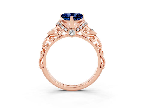 Rose gold Heart Cut Blue Sapphire Solitaire Ring with Filigree Band and Four-Prong Setting_27