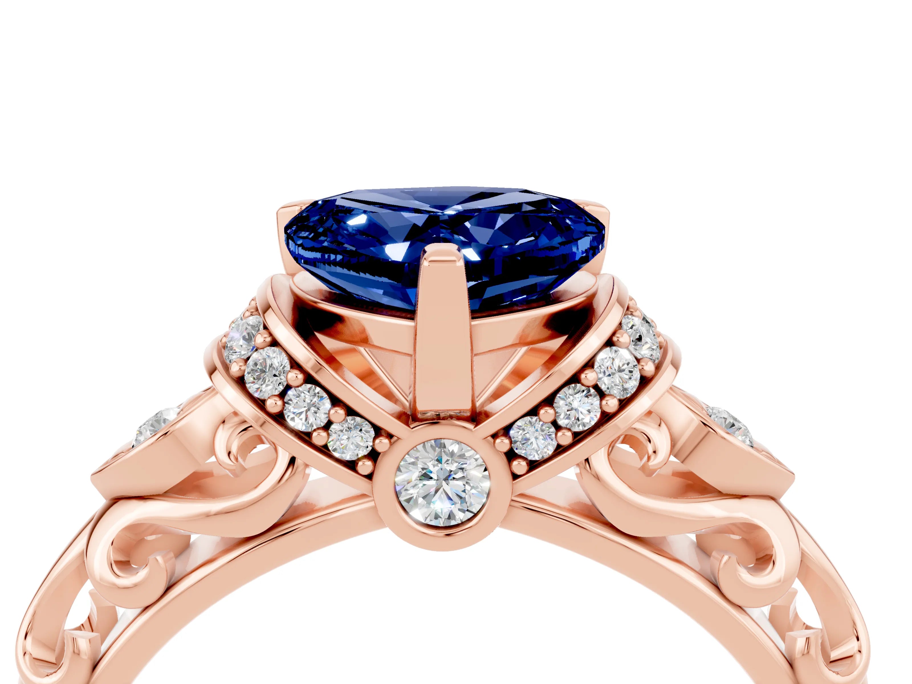 Rose gold Heart Cut Blue Sapphire Solitaire Ring with Filigree Band and Four-Prong Setting_28