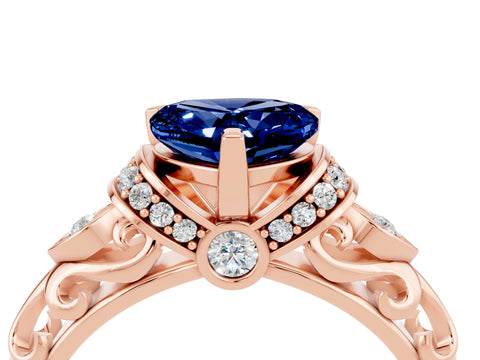 Rose gold Heart Cut Blue Sapphire Solitaire Ring with Filigree Band and Four-Prong Setting_28