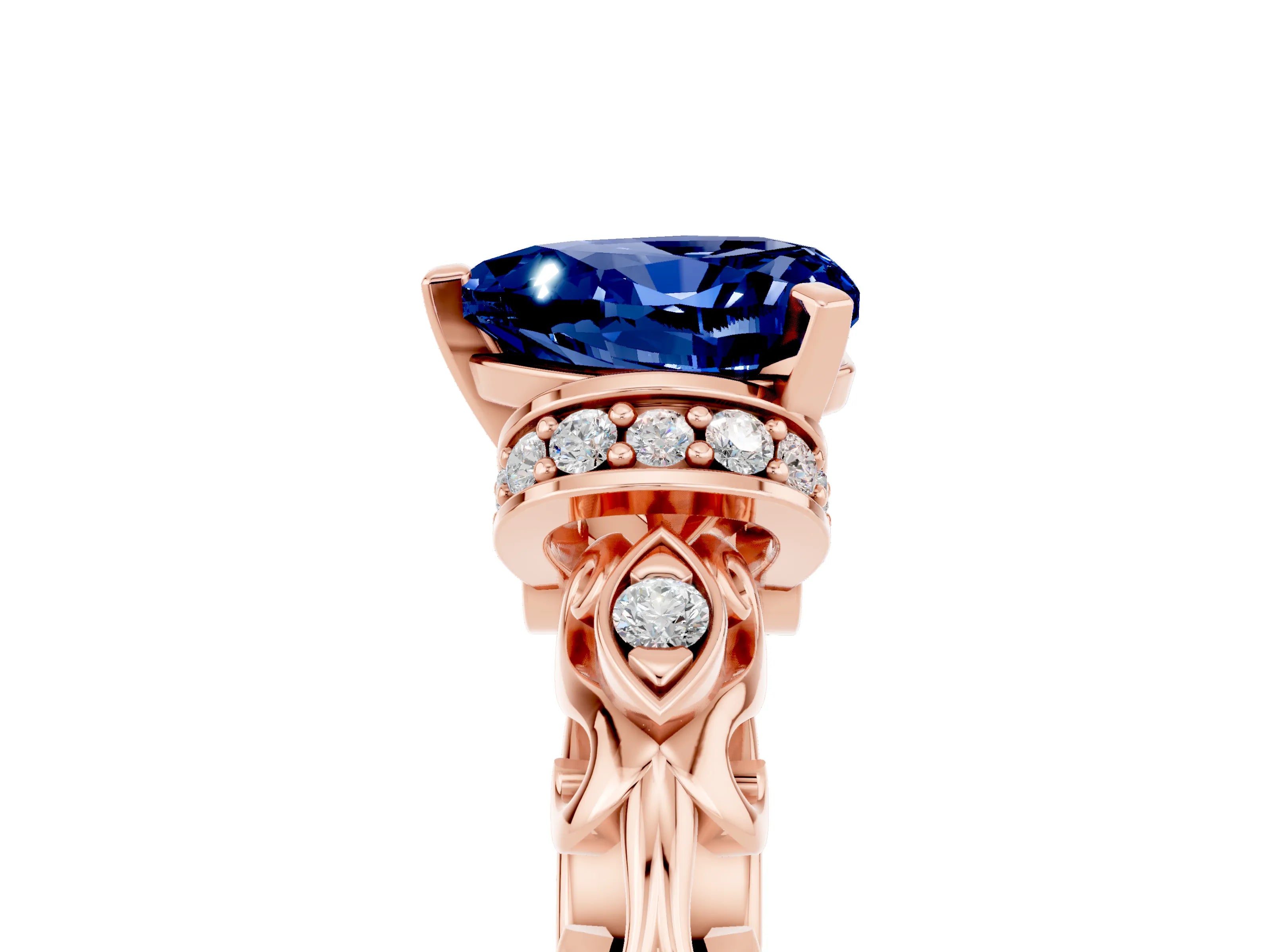 Rose gold Heart Cut Blue Sapphire Solitaire Ring with Filigree Band and Four-Prong Setting_29
