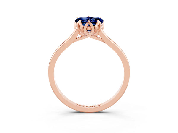 Rose gold Heart Cut Blue Sapphire Solitaire Ring with Flower Prong Setting and Classic Band