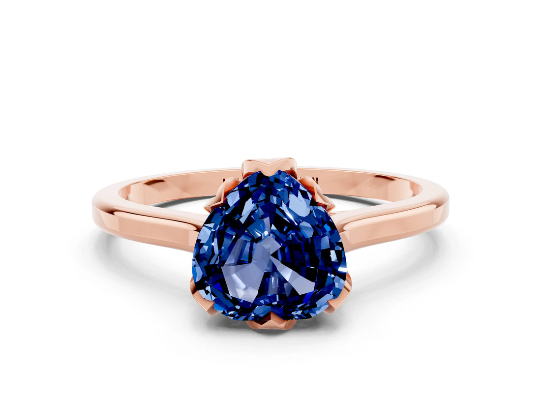 Rose gold Heart Cut Blue Sapphire Solitaire Ring with Flower Prong Setting and Classic Band_36