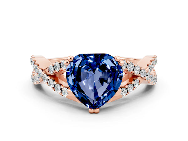 Rose gold Heart Cut Blue Sapphire Solitaire Ring with Four-Prong Setting and Twisted Pavé Band