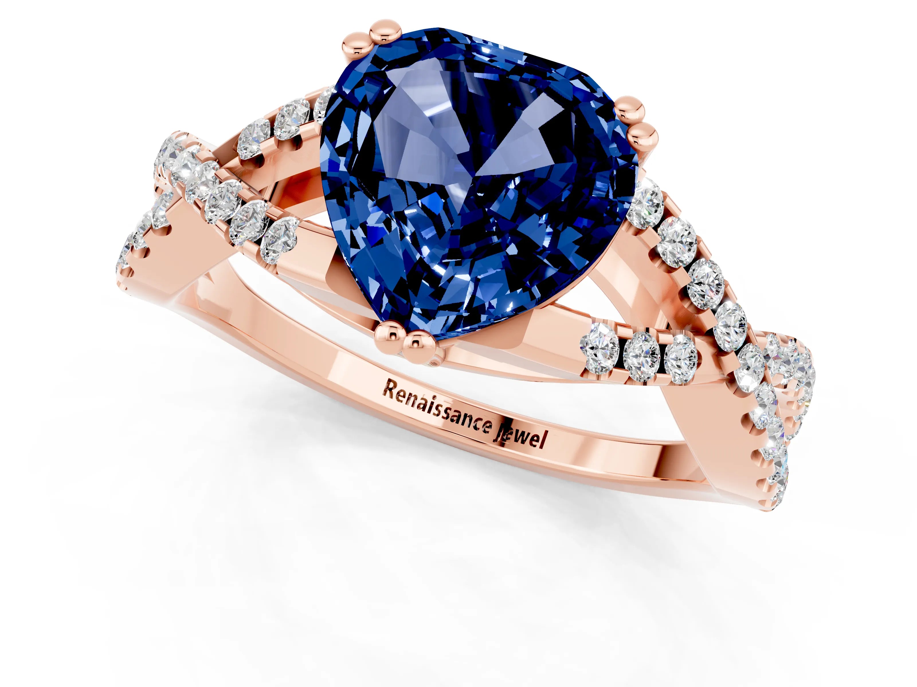 Rose gold Heart Cut Blue Sapphire Solitaire Ring with Four-Prong Setting and Twisted Pavé Band_1
