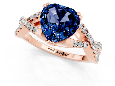 Rose gold Heart Cut Blue Sapphire Solitaire Ring with Four-Prong Setting and Twisted Pavé Band_1