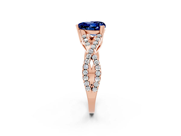 Rose gold Heart Cut Blue Sapphire Solitaire Ring with Four-Prong Setting and Twisted Pavé Band