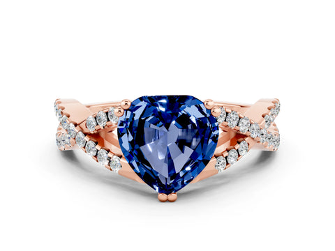 Rose gold Heart Cut Blue Sapphire Solitaire Ring with Four-Prong Setting and Twisted Pavé Band