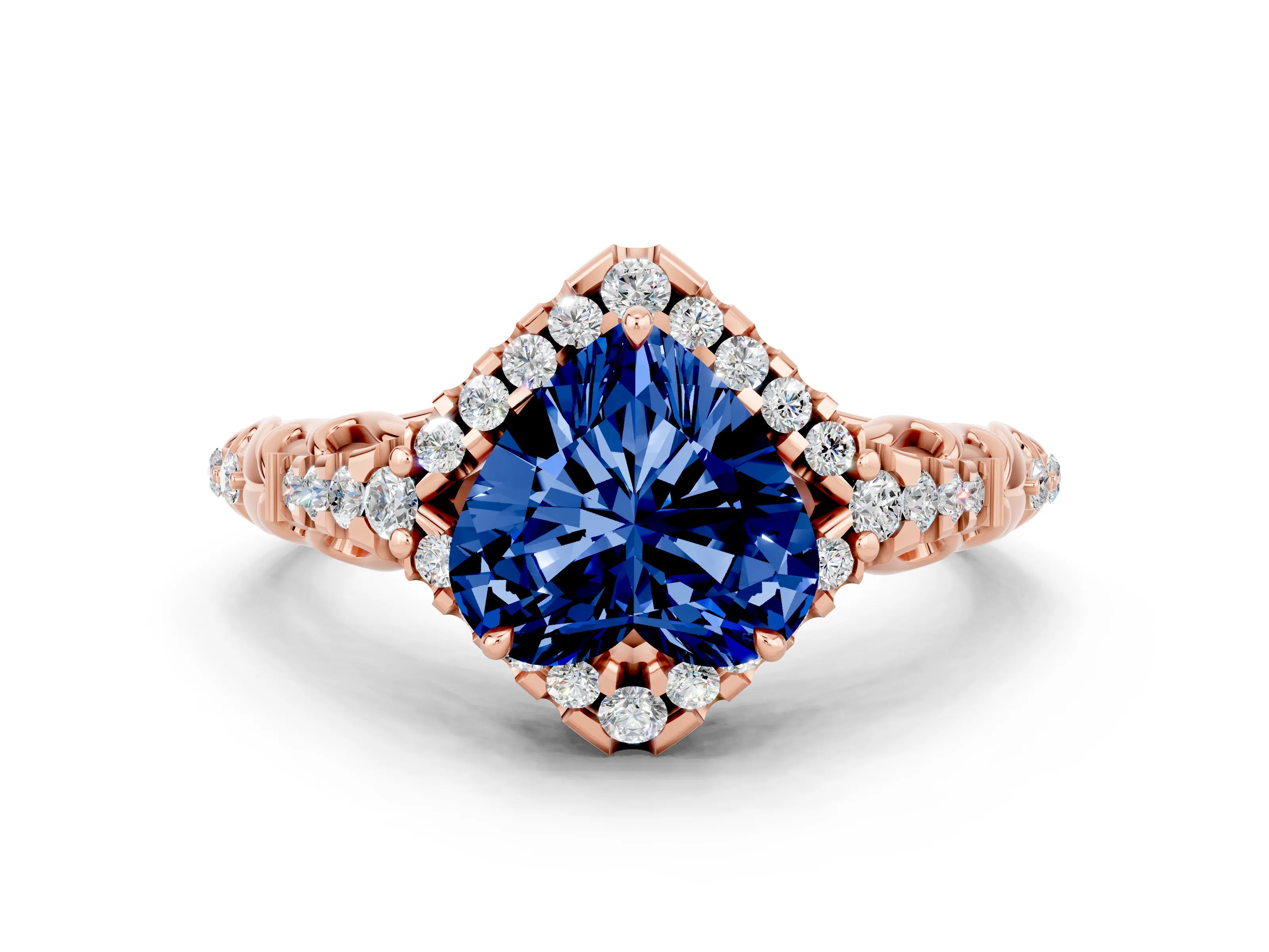Rose gold Heart Cut Blue Sapphire Solitaire Ring with Hidden Halo and Pavé Band_12