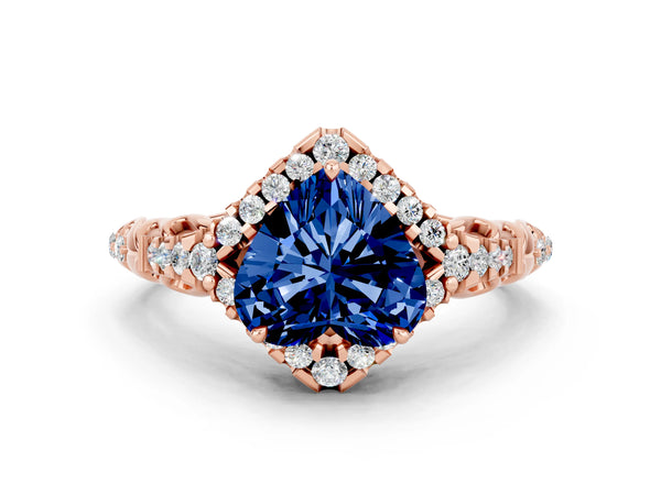 Rose gold Heart Cut Blue Sapphire Solitaire Ring with Hidden Halo and Pavé Band