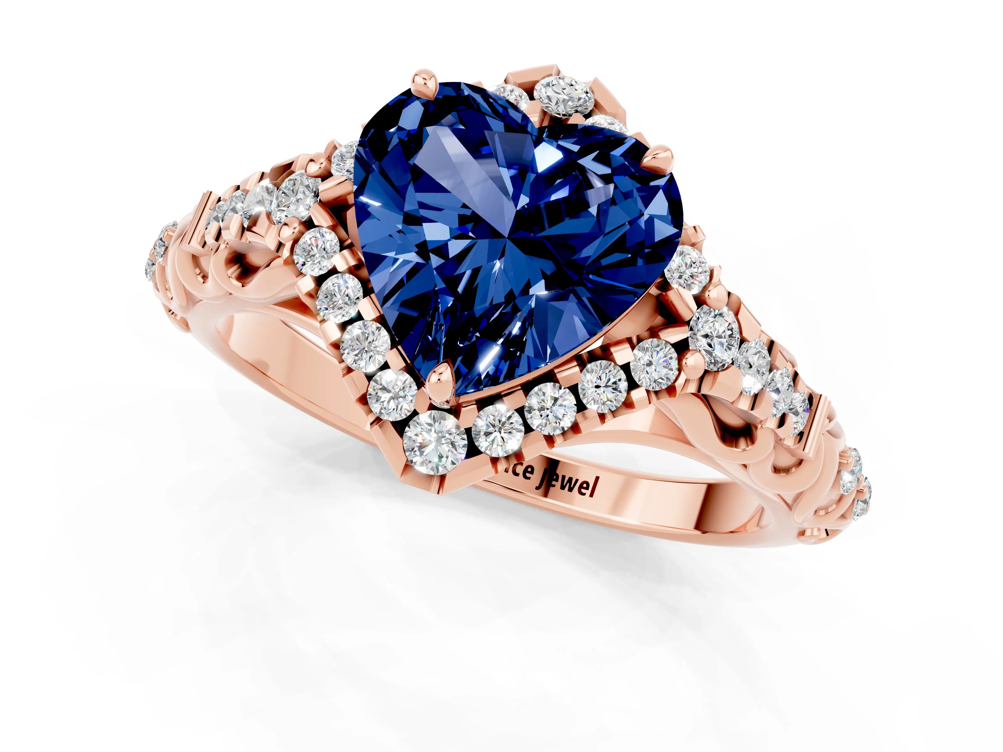 Rose gold Heart Cut Blue Sapphire Solitaire Ring with Hidden Halo and Pavé Band_13