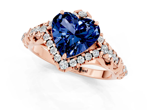 Rose gold Heart Cut Blue Sapphire Solitaire Ring with Hidden Halo and Pavé Band