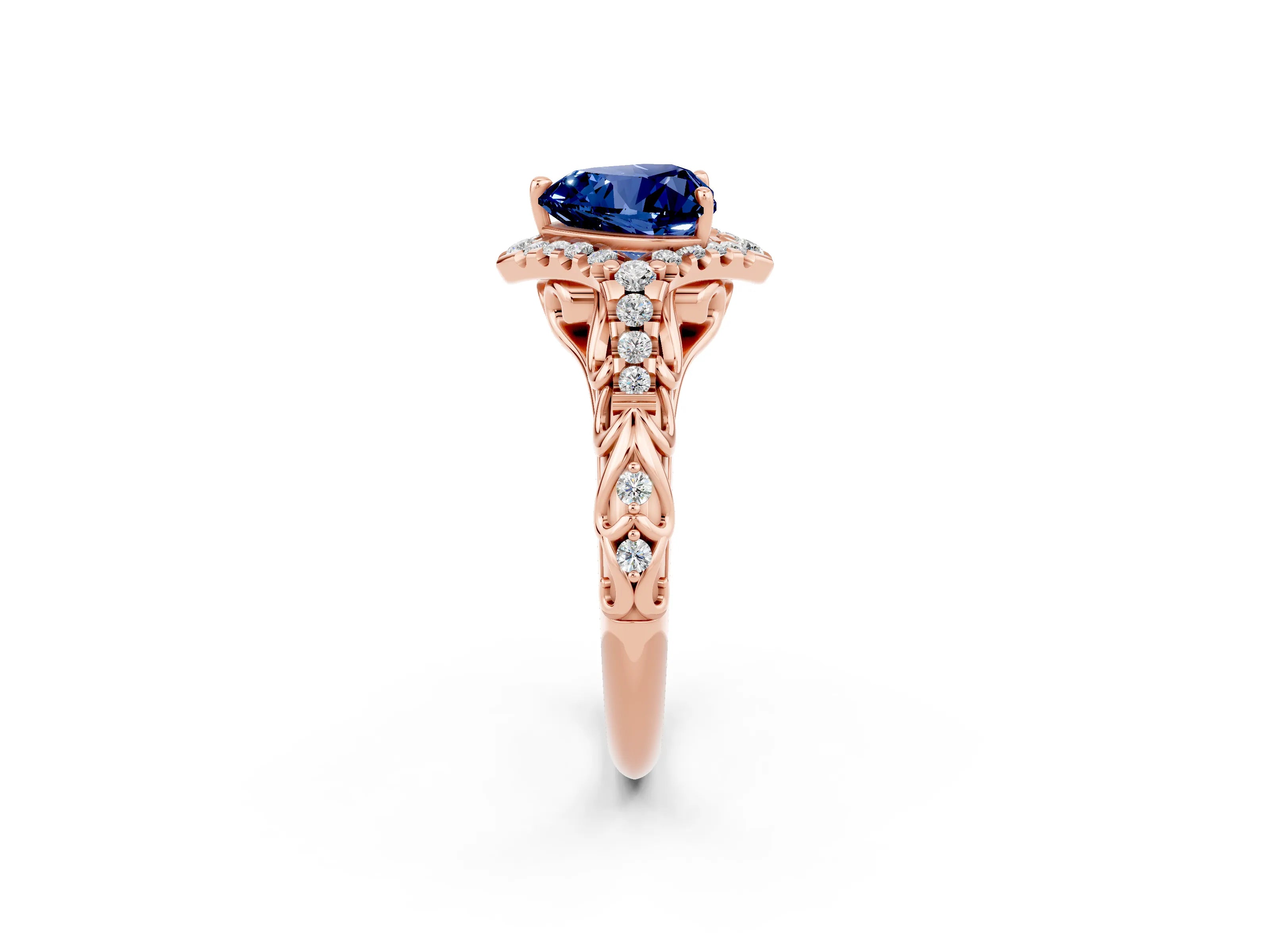 Rose gold Heart Cut Blue Sapphire Solitaire Ring with Hidden Halo and Pavé Band_14