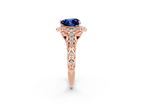 Rose gold Heart Cut Blue Sapphire Solitaire Ring with Hidden Halo and Pavé Band
