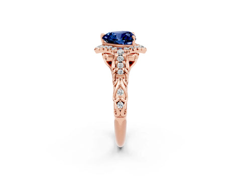 Rose gold Heart Cut Blue Sapphire Solitaire Ring with Hidden Halo and Pavé Band_14