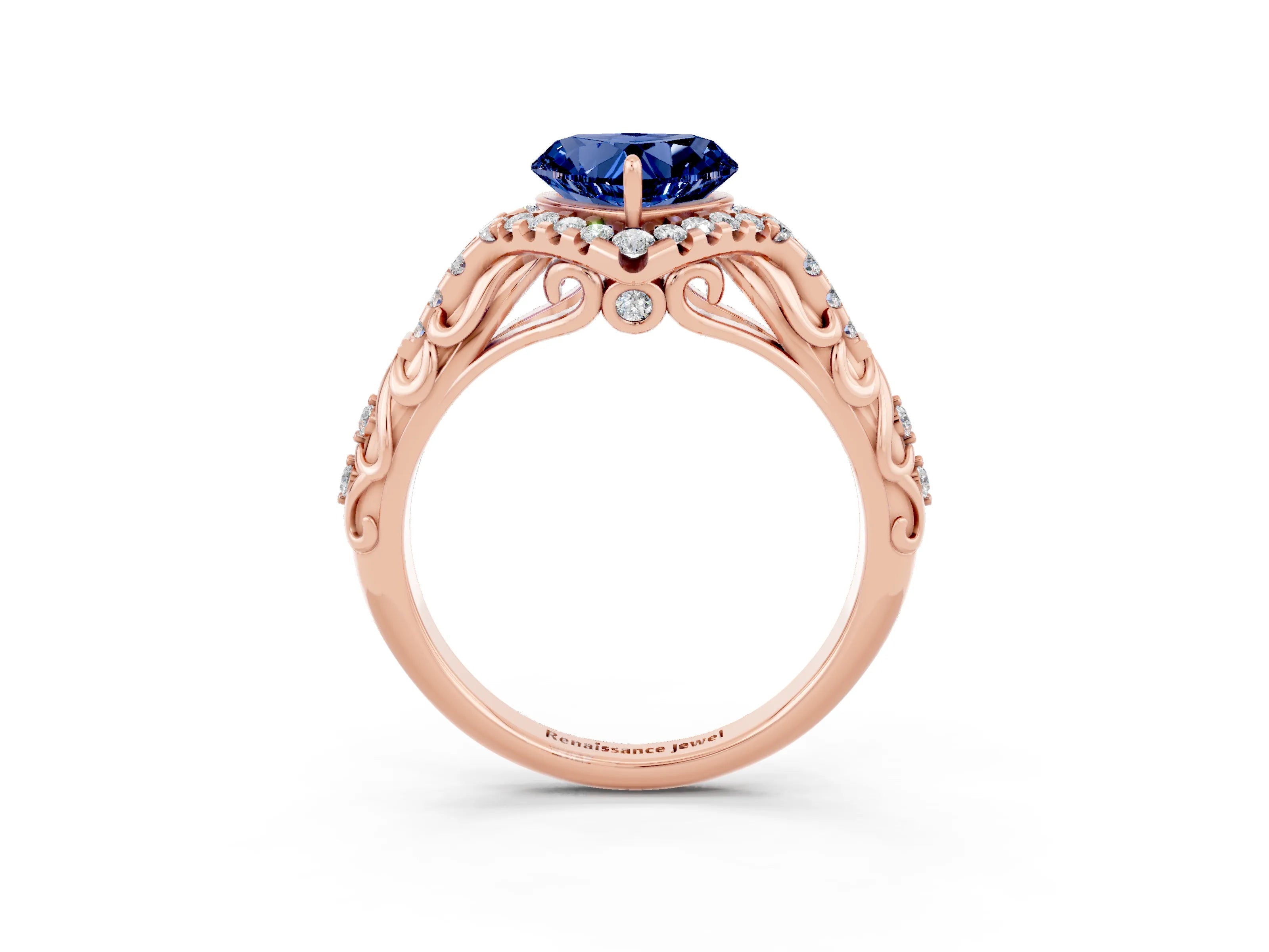 Rose gold Heart Cut Blue Sapphire Solitaire Ring with Hidden Halo and Pavé Band_15