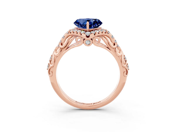 Rose gold Heart Cut Blue Sapphire Solitaire Ring with Hidden Halo and Pavé Band