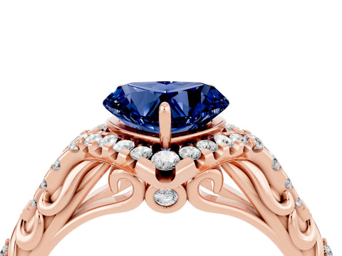 Rose gold Heart Cut Blue Sapphire Solitaire Ring with Hidden Halo and Pavé Band_16