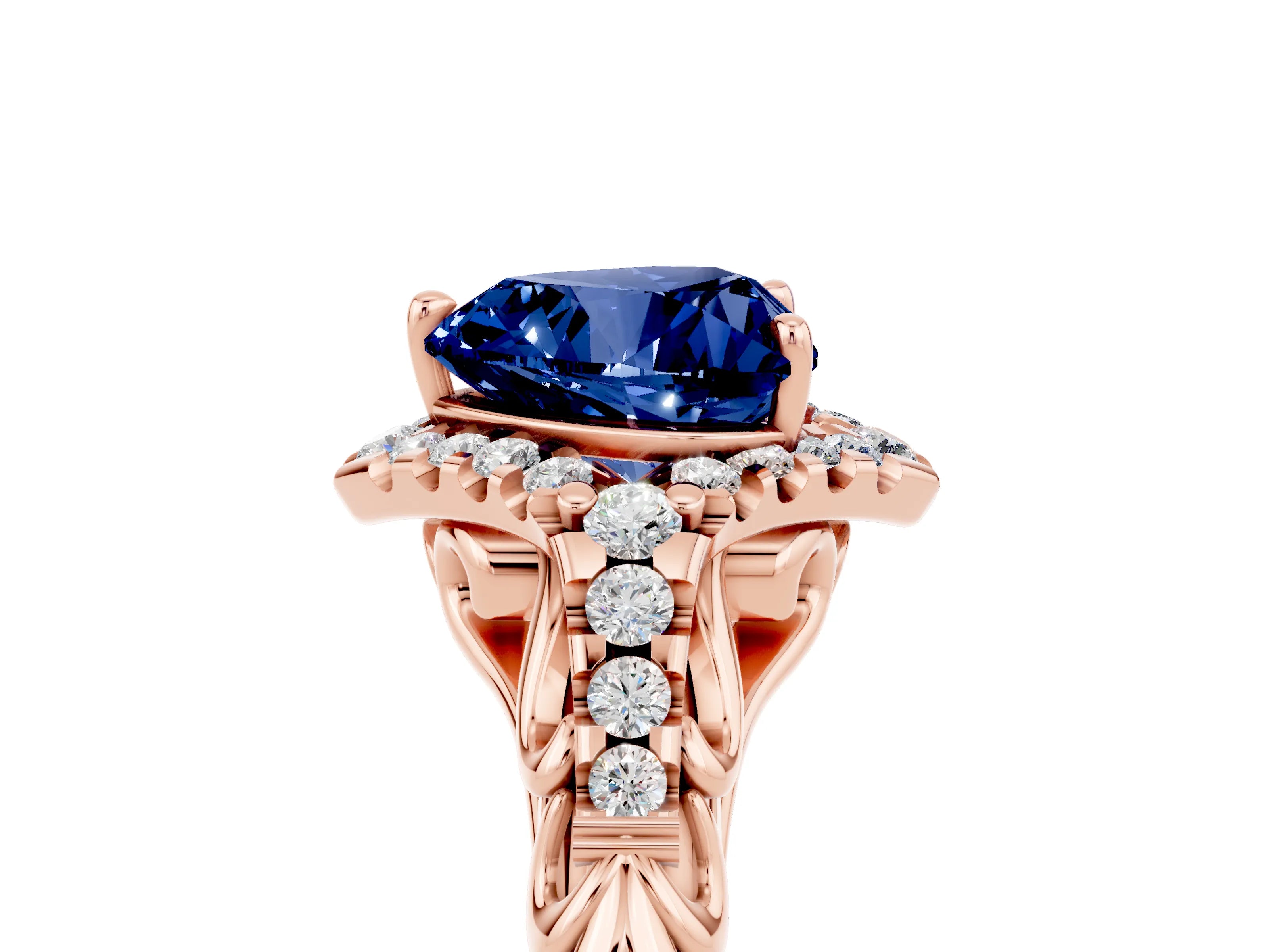 Rose gold Heart Cut Blue Sapphire Solitaire Ring with Hidden Halo and Pavé Band_17