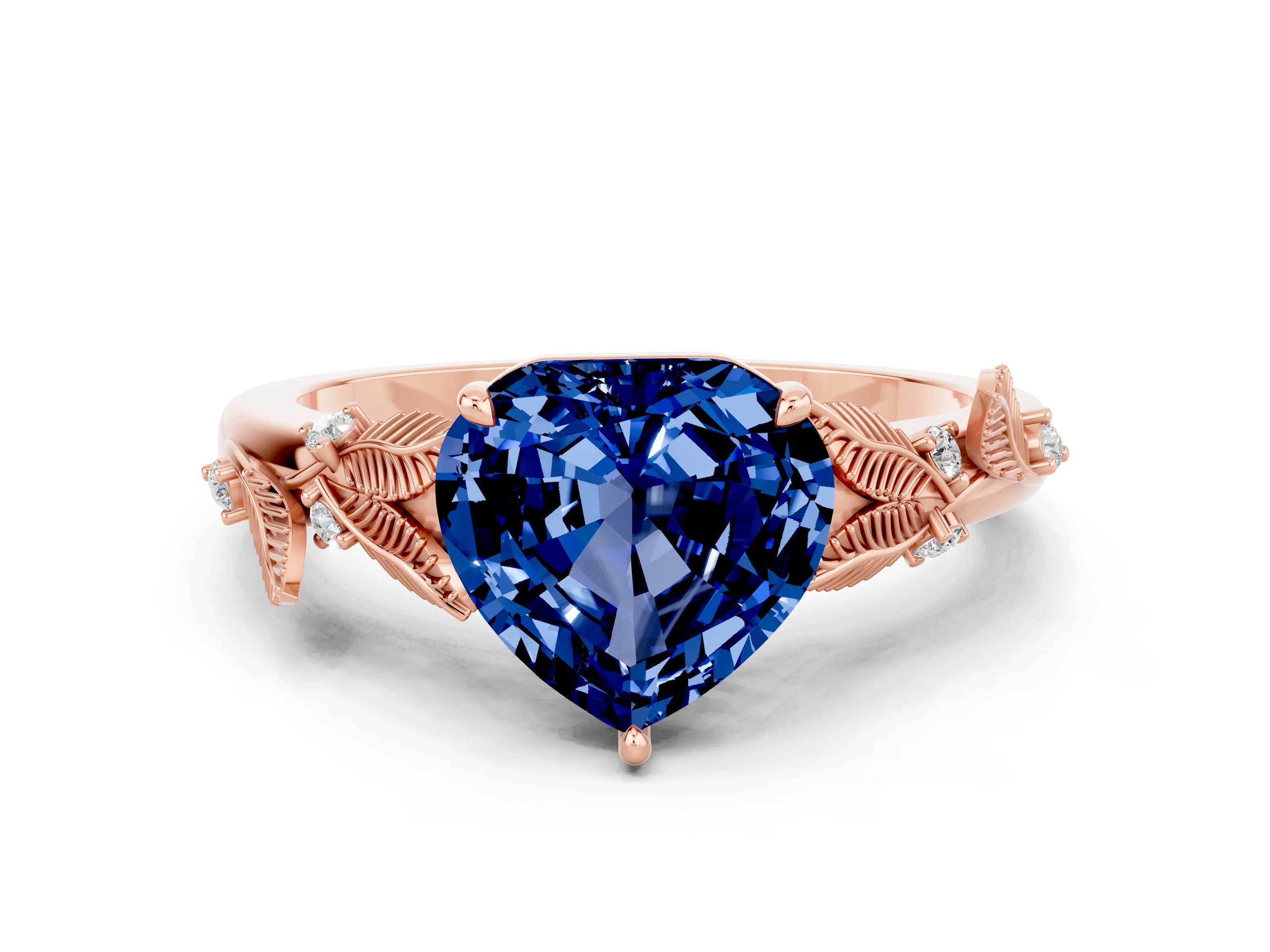 Rose gold Heart Cut Blue Sapphire Solitaire Ring with Leaf Motif Band and Four-Prong Setting