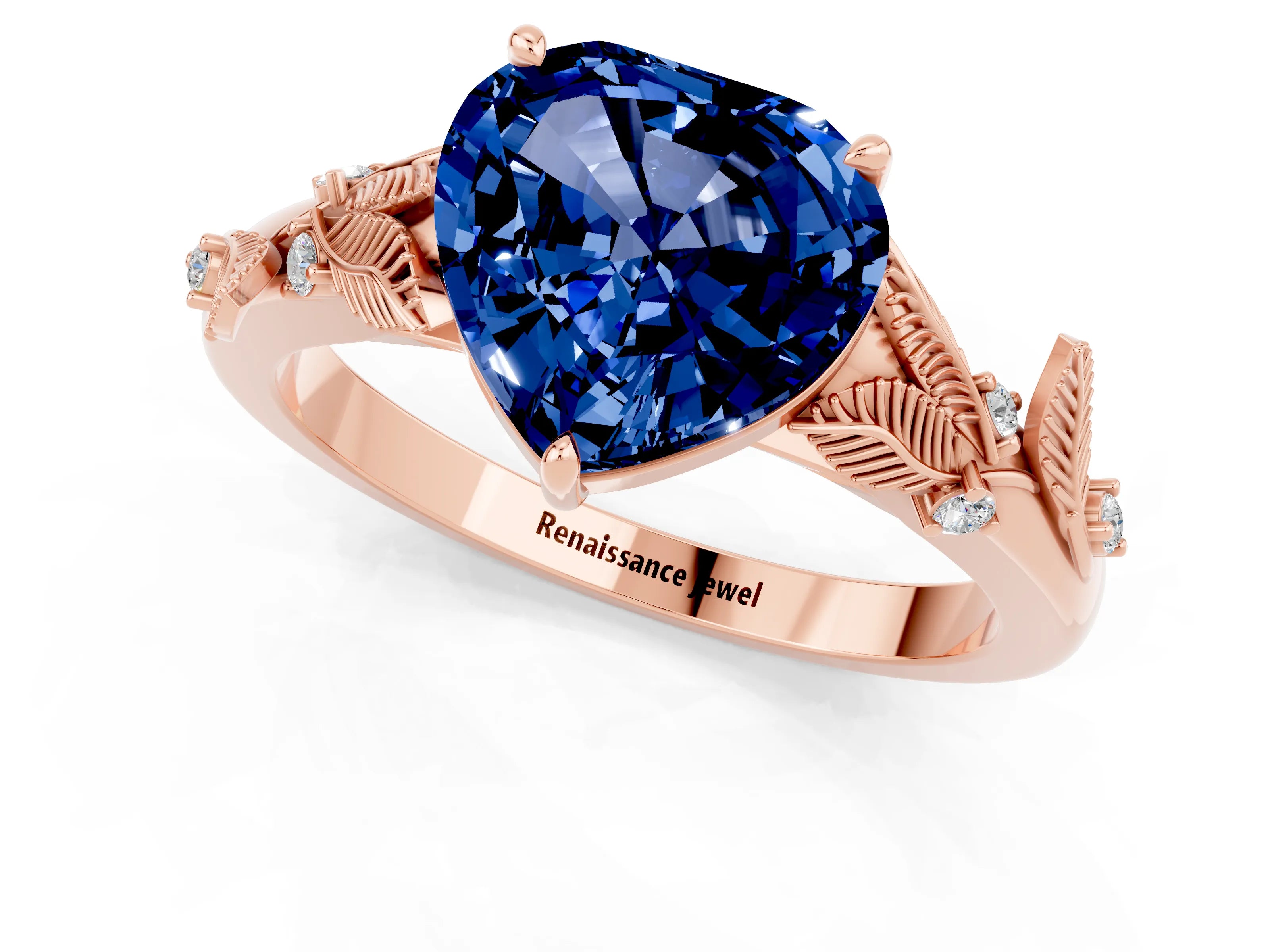 Rose gold Heart Cut Blue Sapphire Solitaire Ring with Leaf Motif Band and Four-Prong Setting_1